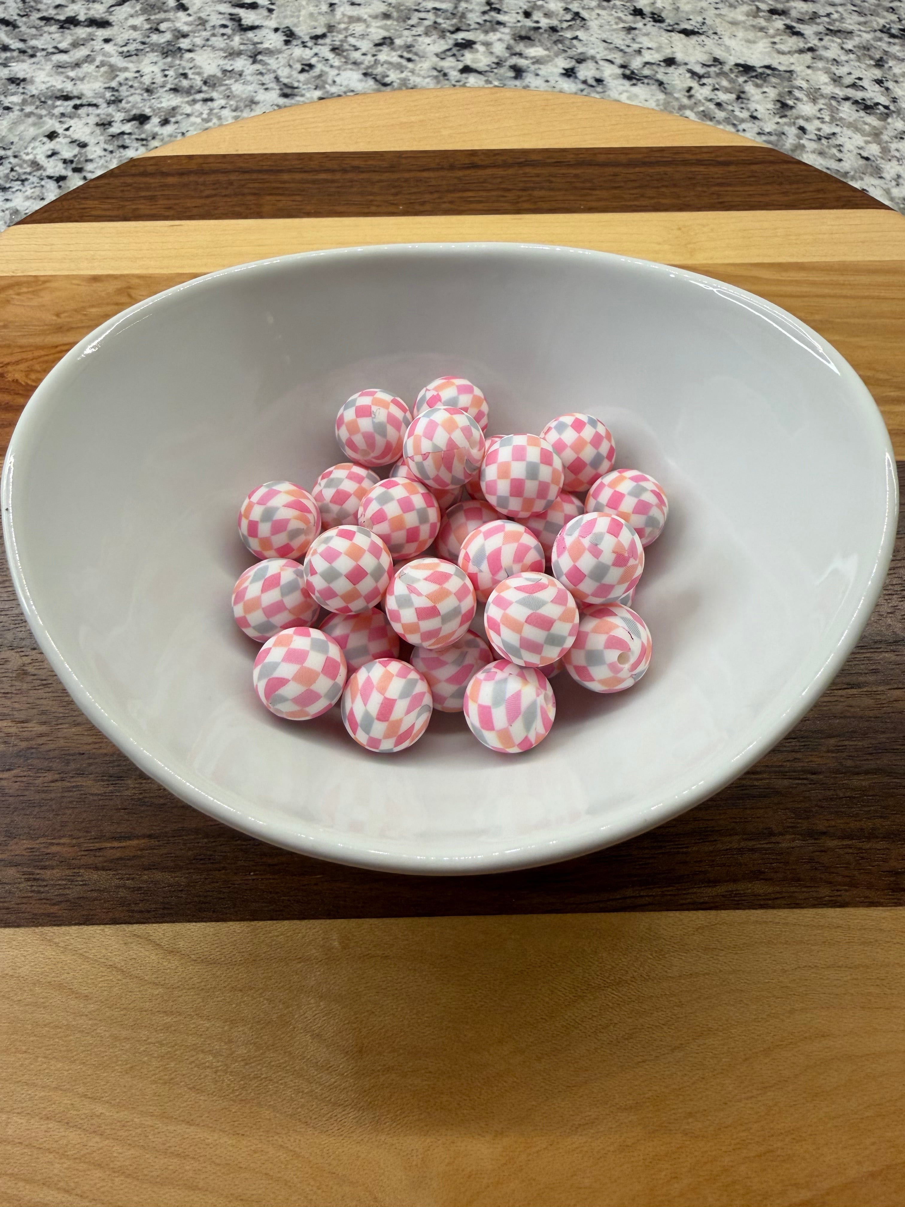 Summer Pink Checker  - 15mm Silicone Pattern Bead