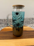RTS Palm Tree Beach GLASS tumbler W/handle