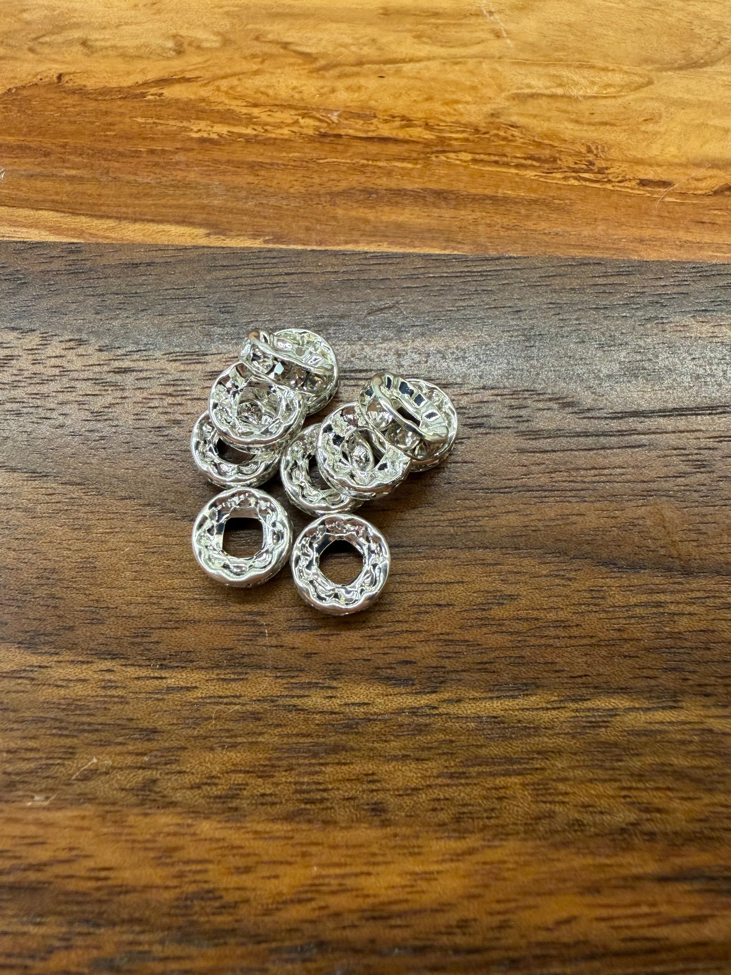 10mm Large Hole Rhinestone Spacers - 10 pack Silver